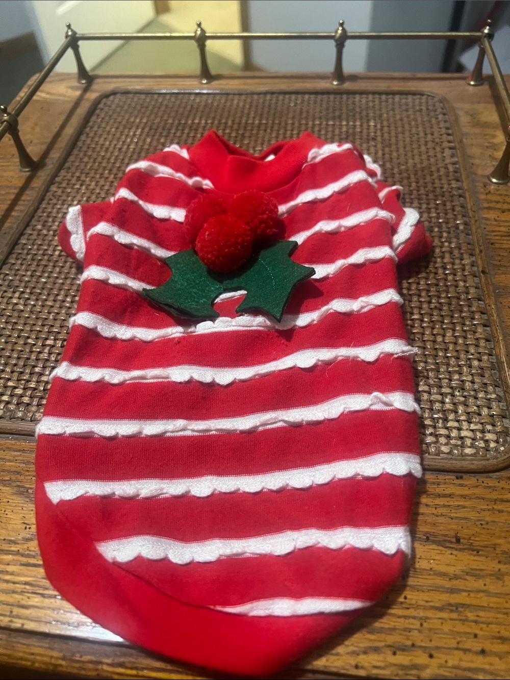 Martha Stewart Red & White Striped Holiday Pet Tee with Holly Pom